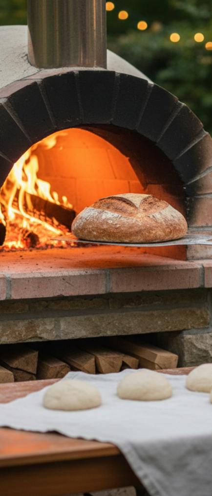 Świeży bochenek chleba na łopacie piekarniczej wsuwany do rozgrzanego pieca